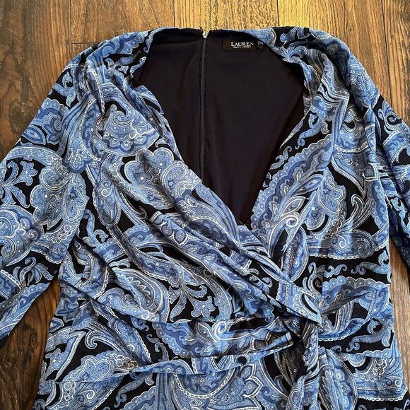 Ralph Lauren Dress Womens 16 Paisley Georgette Tiered Tie Front Blue Zip Back - Picture 3 of 11